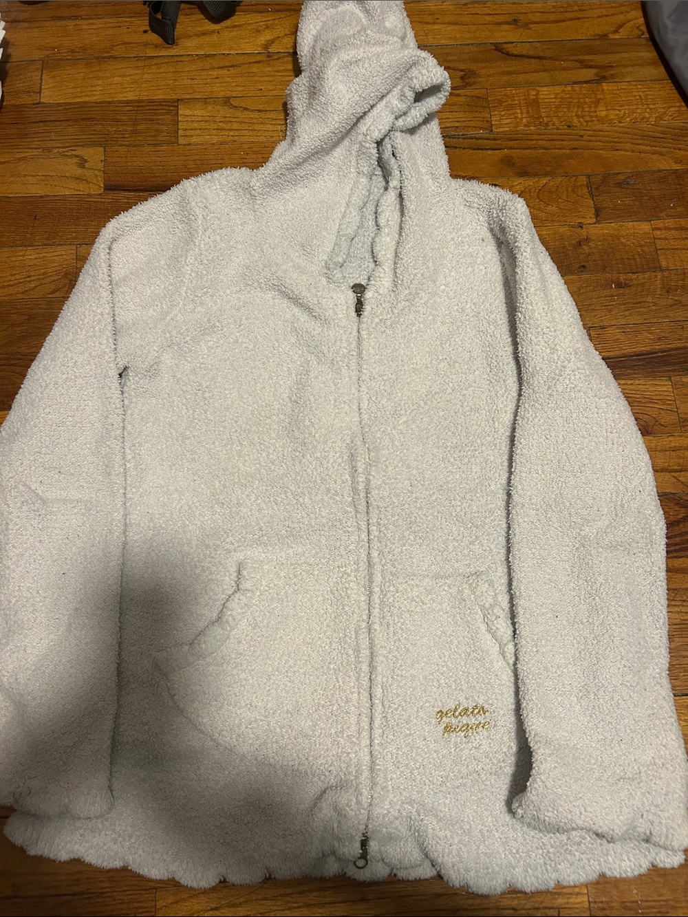 Gelato pique white Hooded Teddy Jacket with Embroidered Script